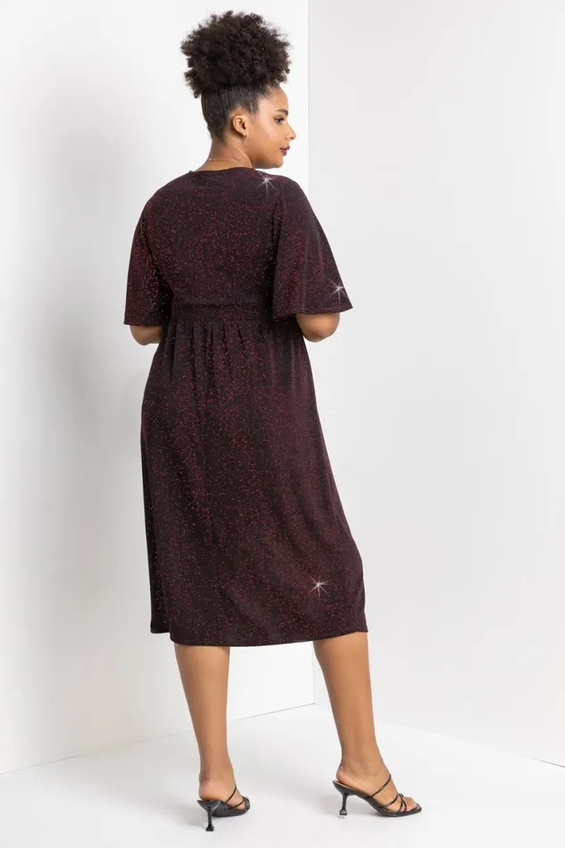 Women Red Curve Shimmer Wrap Midi Dress Roman Dresses