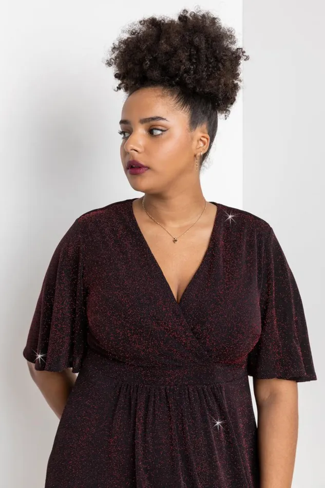 Women Red Curve Shimmer Wrap Midi Dress Roman Dresses