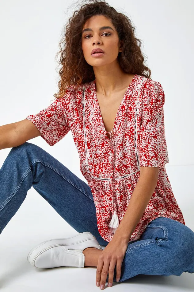 Women Red Ditsy Floral Tie Smock Top Roman Tops