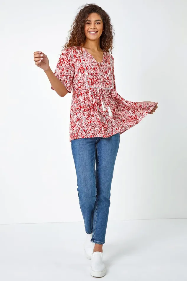 Women Red Ditsy Floral Tie Smock Top Roman Tops