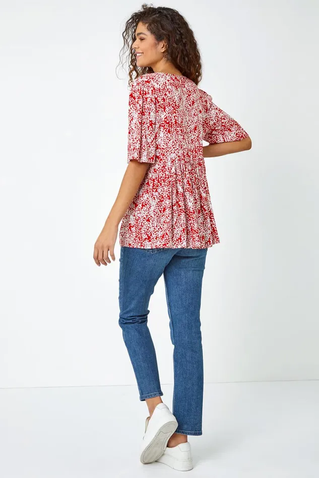 Women Red Ditsy Floral Tie Smock Top Roman Tops