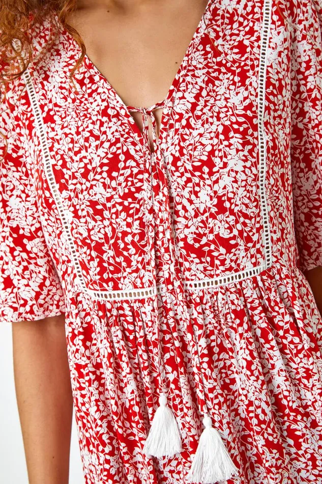 Women Red Ditsy Floral Tie Smock Top Roman Tops