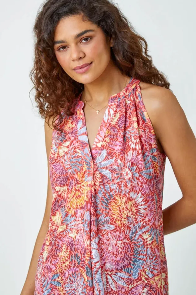 Women Red Floral Burnout Print VNeck Vest Top Roman Tops