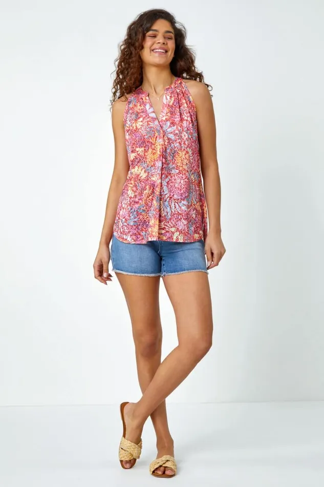 Women Red Floral Burnout Print VNeck Vest Top Roman Tops