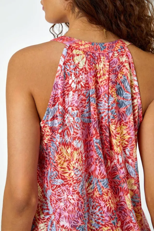 Women Red Floral Burnout Print VNeck Vest Top Roman Tops