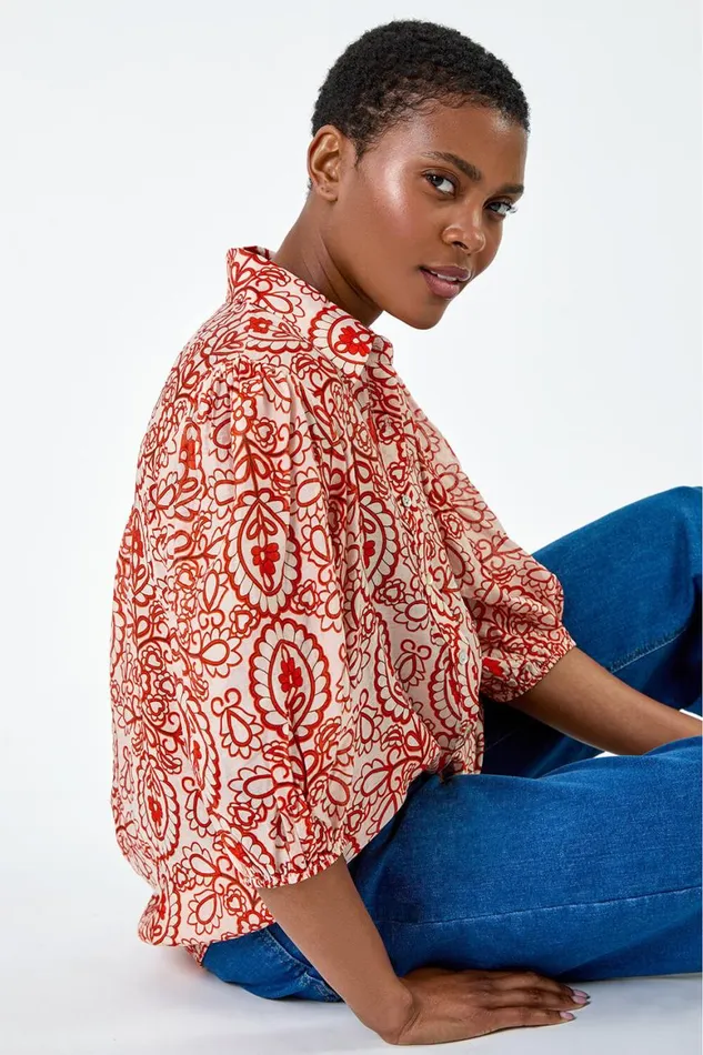 Women Red Floral Paisley Balloon Sleeve Shirt Roman Tops
