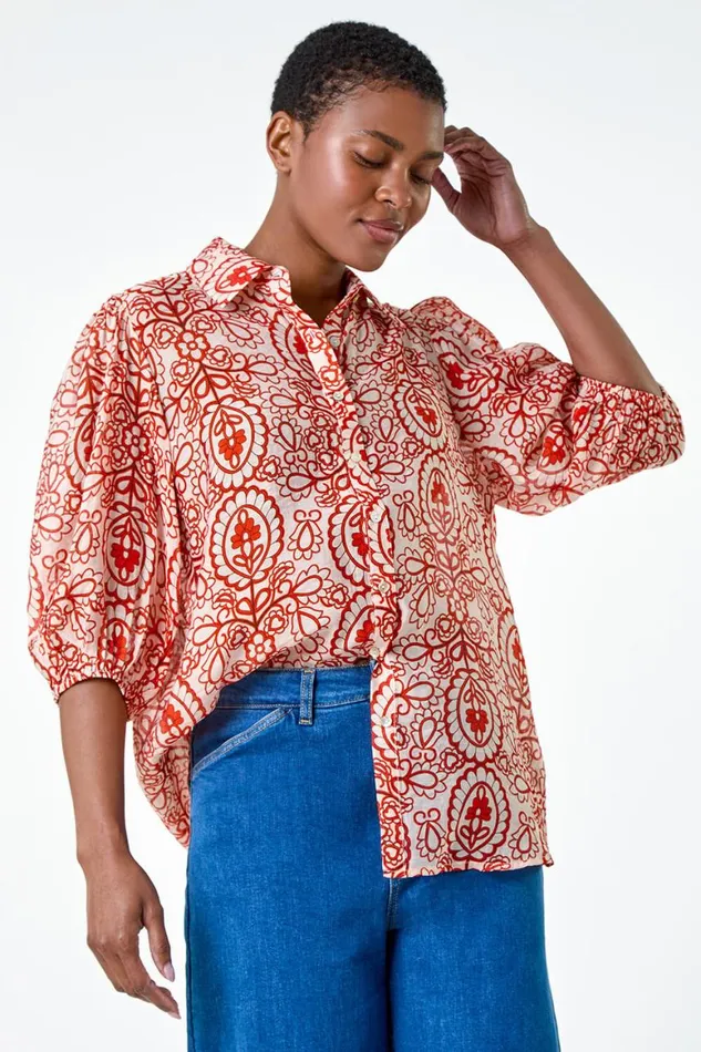 Women Red Floral Paisley Balloon Sleeve Shirt Roman Tops
