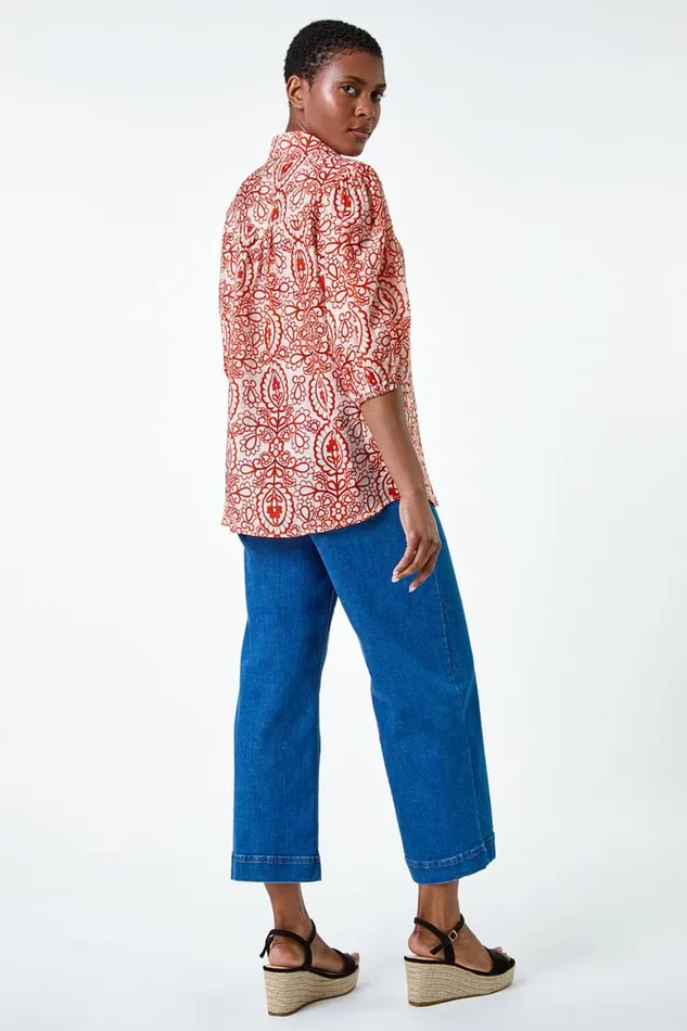 Women Red Floral Paisley Balloon Sleeve Shirt Roman Tops