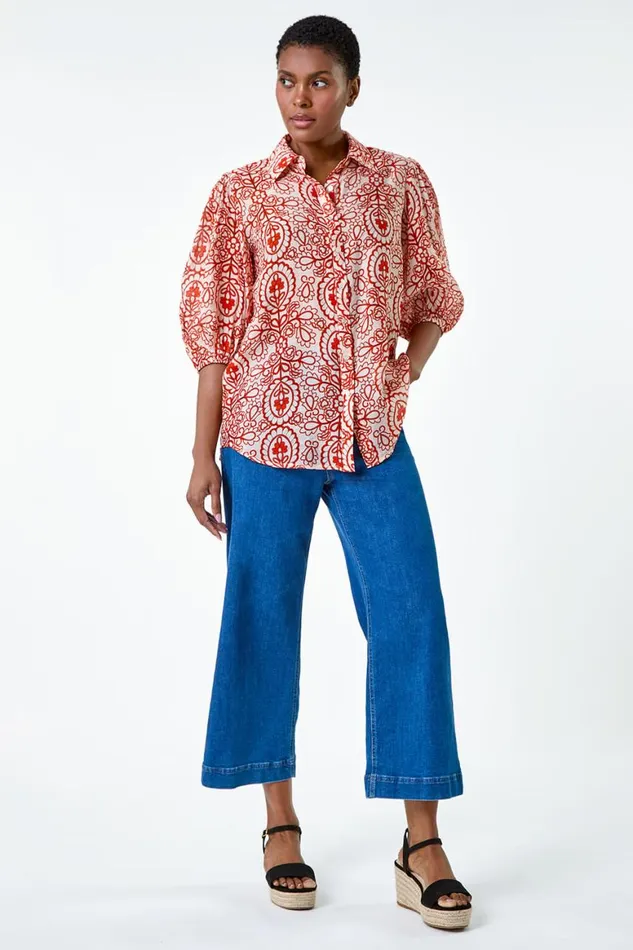 Women Red Floral Paisley Balloon Sleeve Shirt Roman Tops