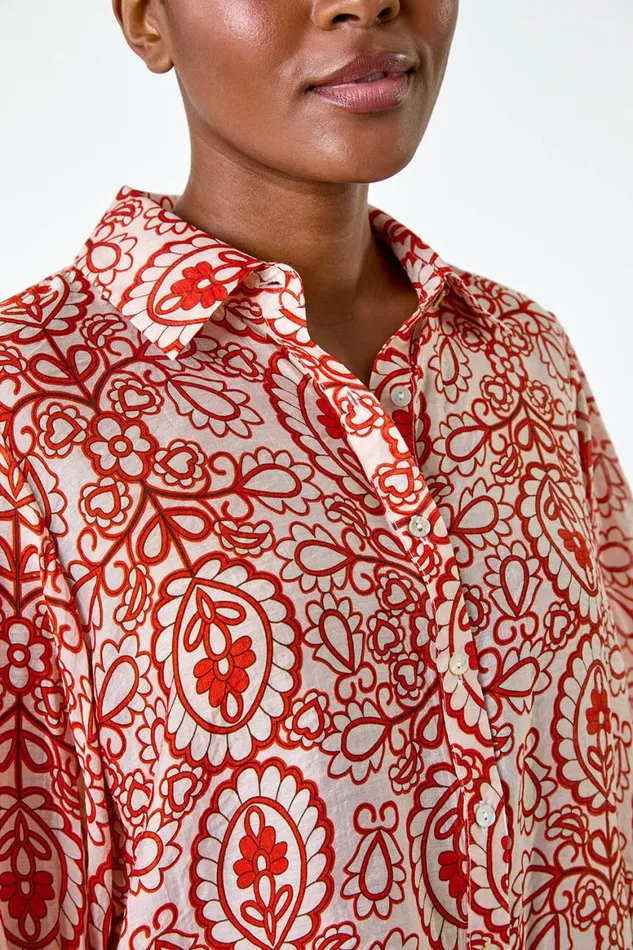 Women Red Floral Paisley Balloon Sleeve Shirt Roman Tops