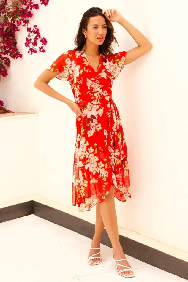 Women Red Floral Print Chiffon Wrap Dress Roman Dresses
