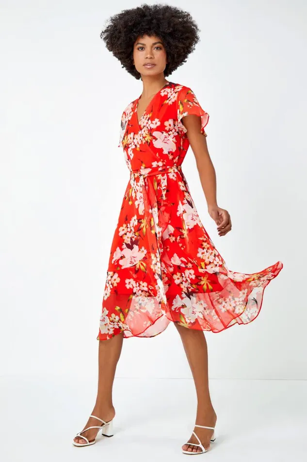 Women Red Floral Print Chiffon Wrap Dress Roman Dresses