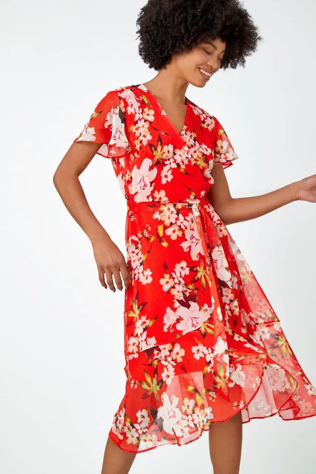 Women Red Floral Print Chiffon Wrap Dress Roman Dresses