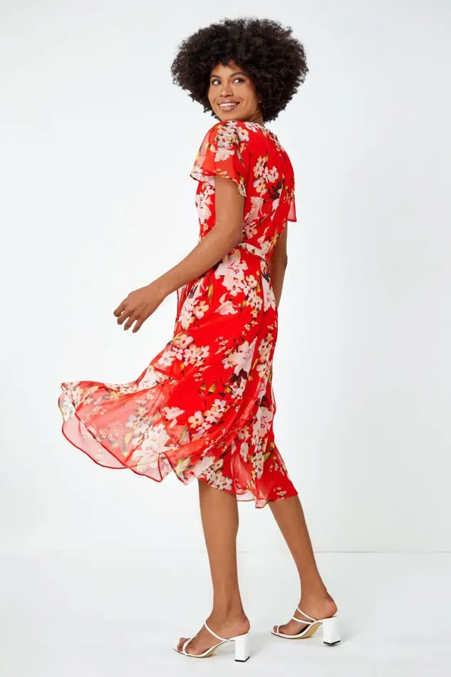 Women Red Floral Print Chiffon Wrap Dress Roman Dresses