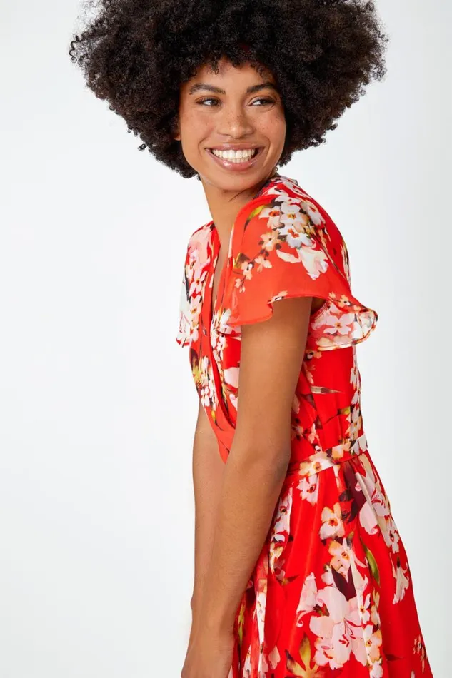 Women Red Floral Print Chiffon Wrap Dress Roman Dresses