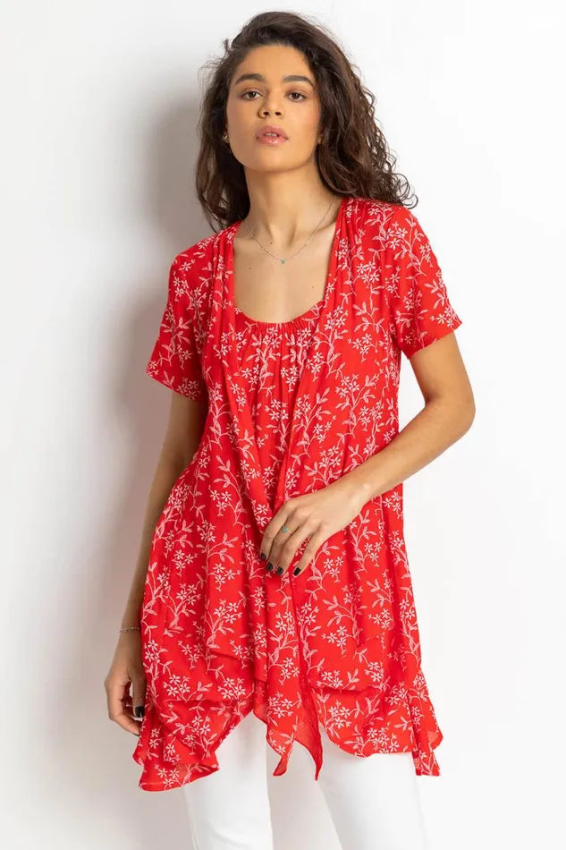 Women Red Floral Print Crinkle Tunic Top Roman Tops