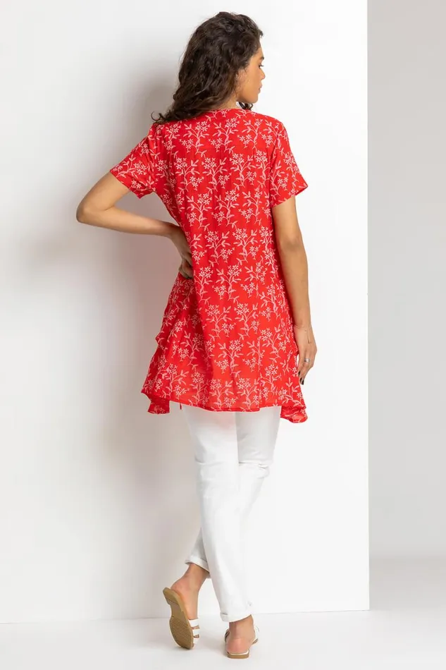 Women Red Floral Print Crinkle Tunic Top Roman Tops