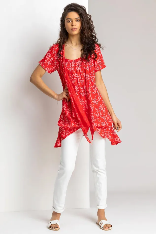 Women Red Floral Print Crinkle Tunic Top Roman Tops