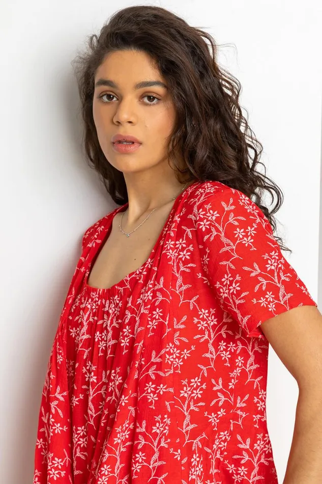 Women Red Floral Print Crinkle Tunic Top Roman Tops