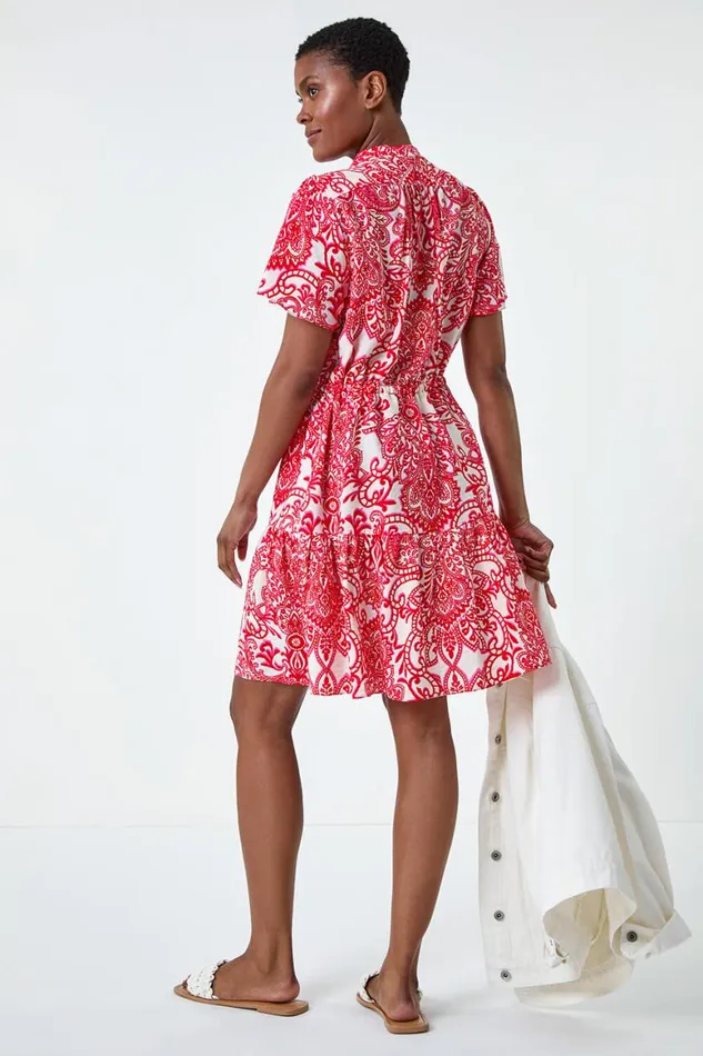 Women Red Floral Print Frill Hem Shirt Dress Roman Dresses