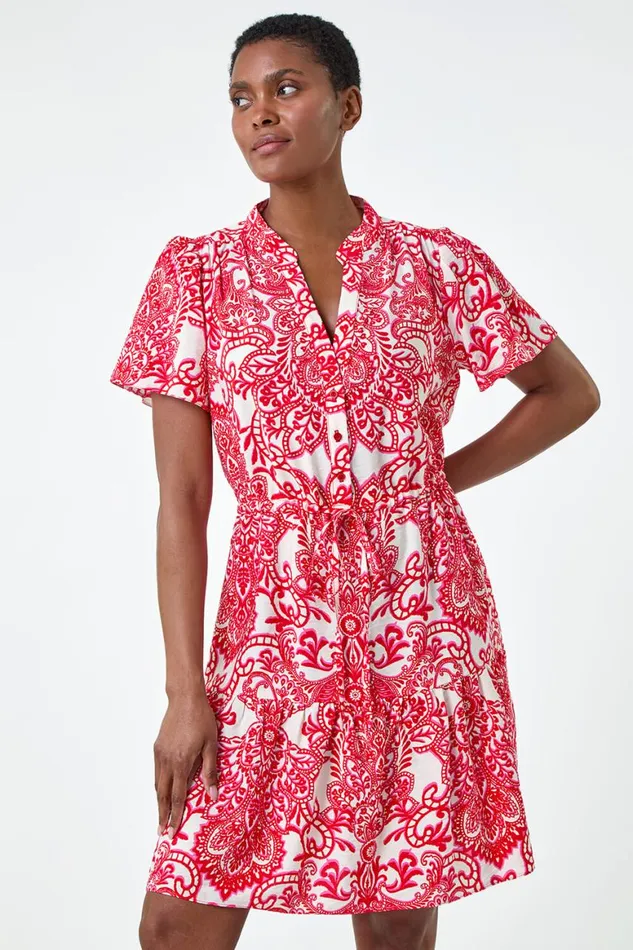 Women Red Floral Print Frill Hem Shirt Dress Roman Dresses