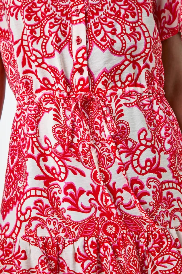Women Red Floral Print Frill Hem Shirt Dress Roman Dresses