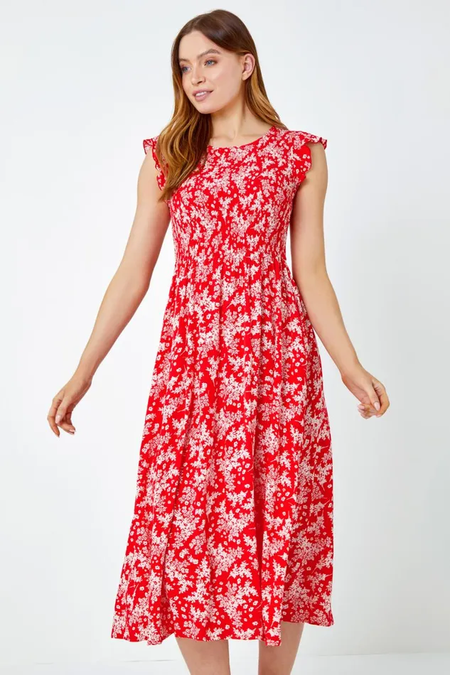 Women Red Floral Print Shirred Midi Dress Roman Dresses