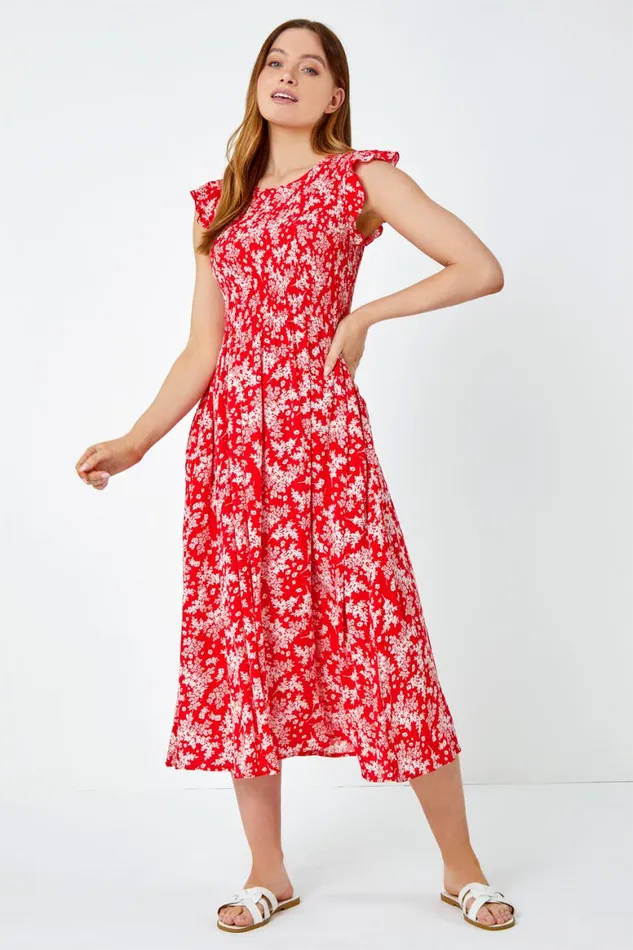 Women Red Floral Print Shirred Midi Dress Roman Dresses