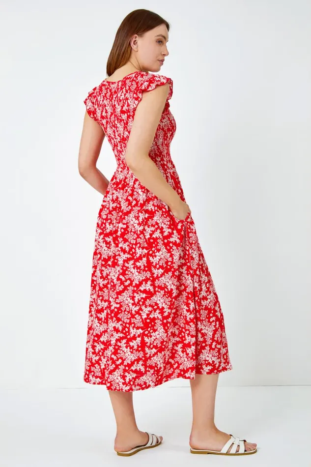 Women Red Floral Print Shirred Midi Dress Roman Dresses