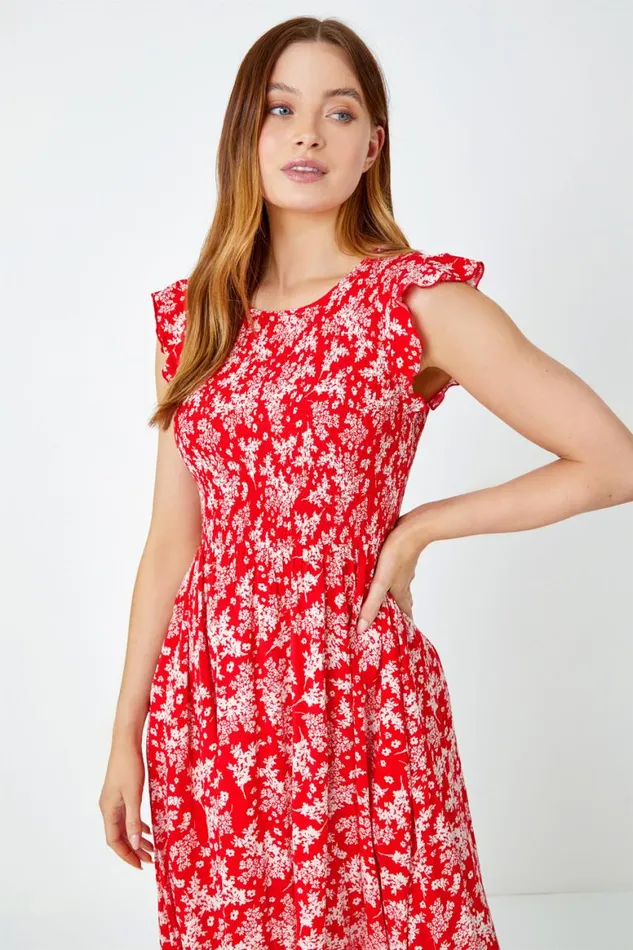 Women Red Floral Print Shirred Midi Dress Roman Dresses
