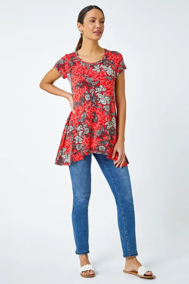 Women Red Floral Print Stretch Hanky Hem Top Roman Tops