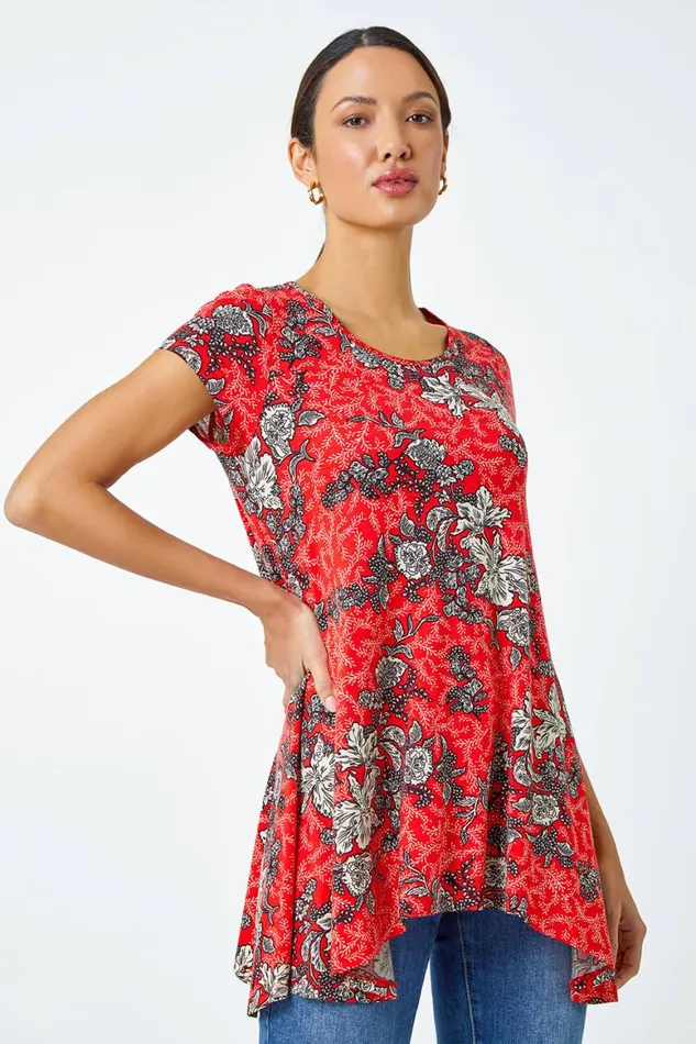 Women Red Floral Print Stretch Hanky Hem Top Roman Tops