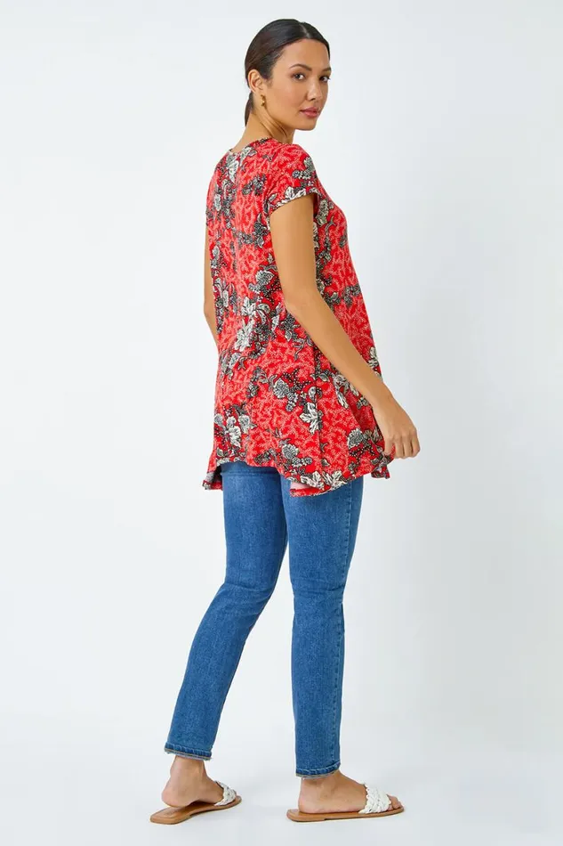 Women Red Floral Print Stretch Hanky Hem Top Roman Tops
