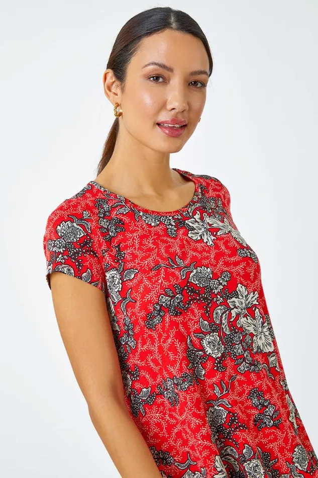 Women Red Floral Print Stretch Hanky Hem Top Roman Tops