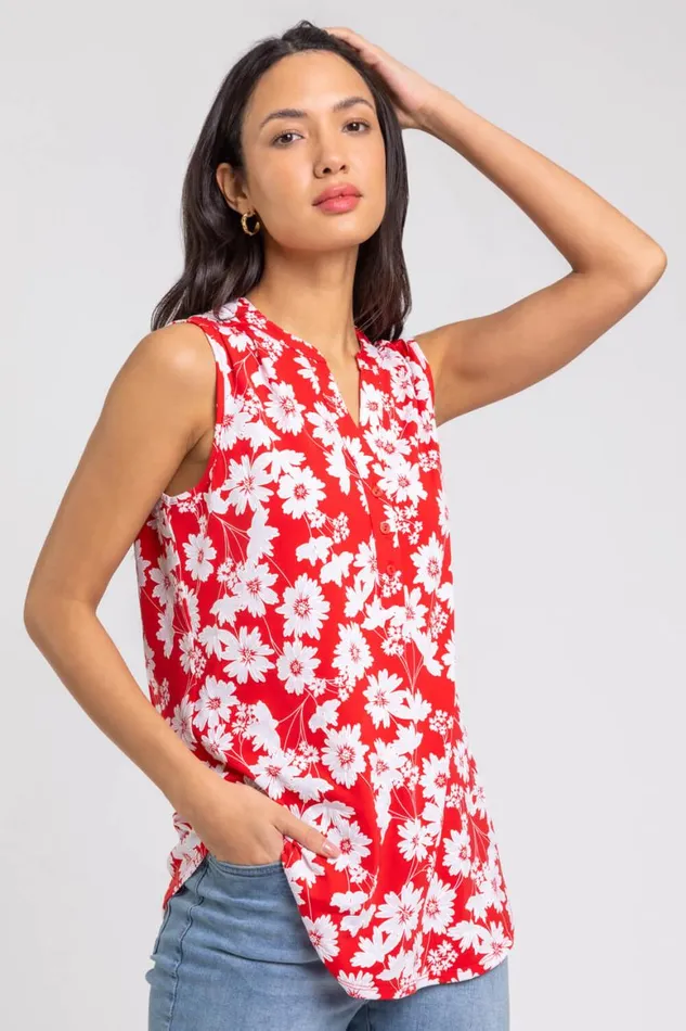 Women Red Floral Puff Print Notch Neck Top Roman Tops