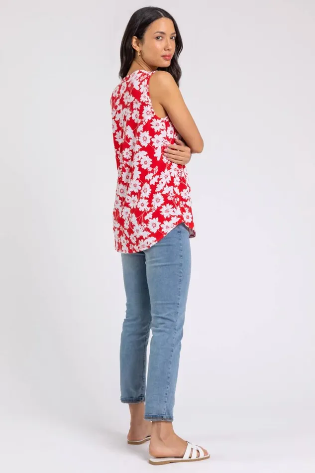 Women Red Floral Puff Print Notch Neck Top Roman Tops