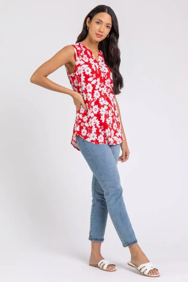 Women Red Floral Puff Print Notch Neck Top Roman Tops
