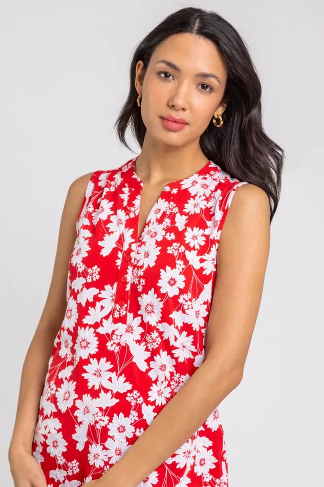 Women Red Floral Puff Print Notch Neck Top Roman Tops