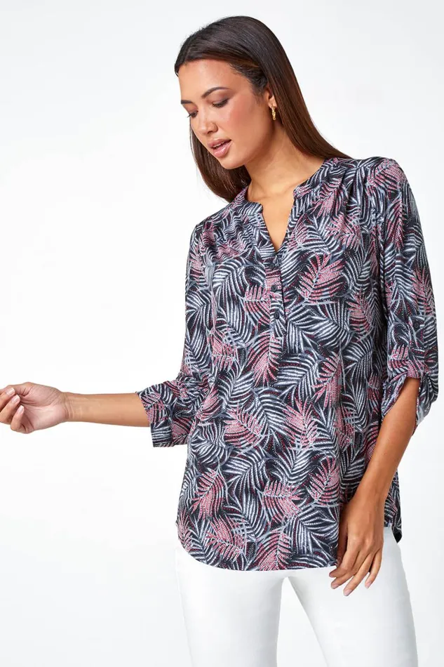 Women Red Leaf Print Stretch VNeck Blouse Roman Tops
