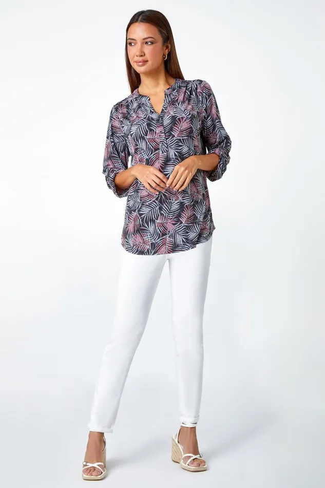 Women Red Leaf Print Stretch VNeck Blouse Roman Tops