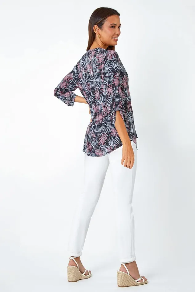 Women Red Leaf Print Stretch VNeck Blouse Roman Tops