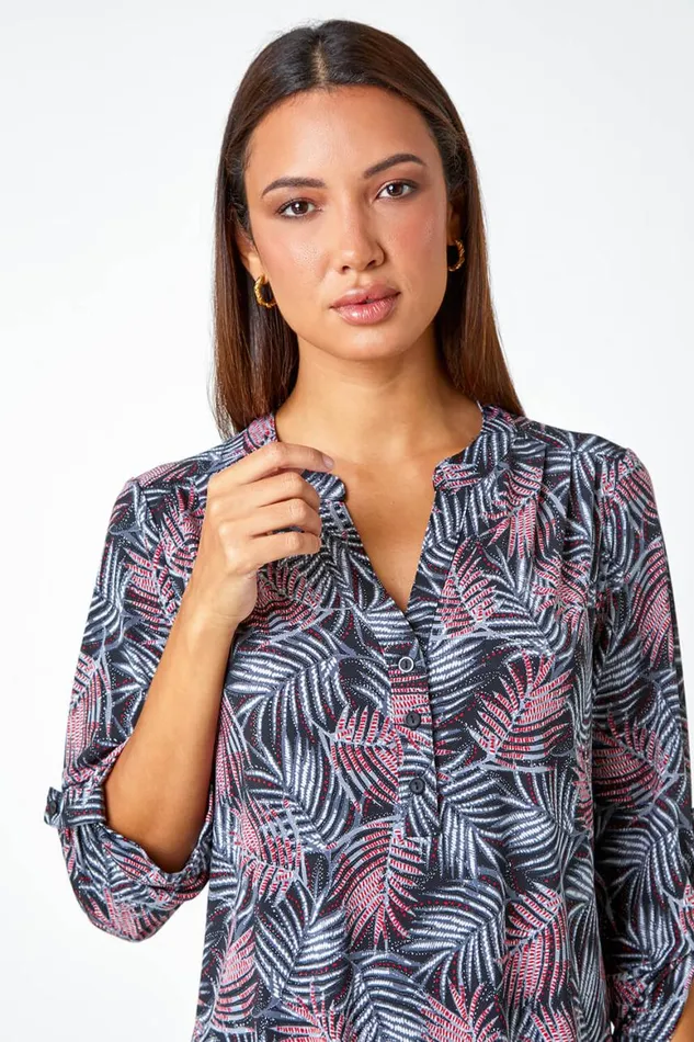 Women Red Leaf Print Stretch VNeck Blouse Roman Tops