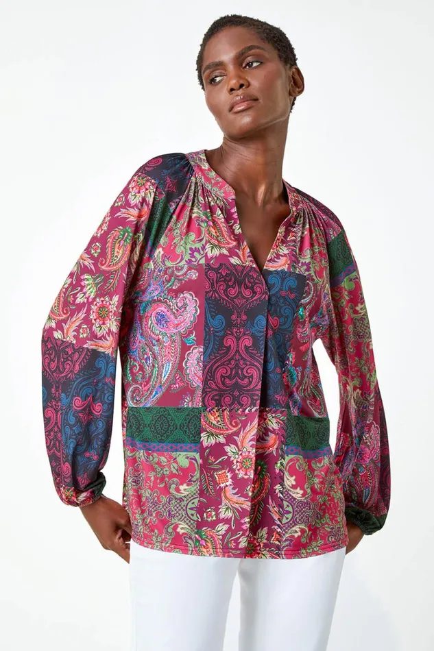 Women Red Patchwork Print VNeck Stretch Jersey Shirt Roman Tops