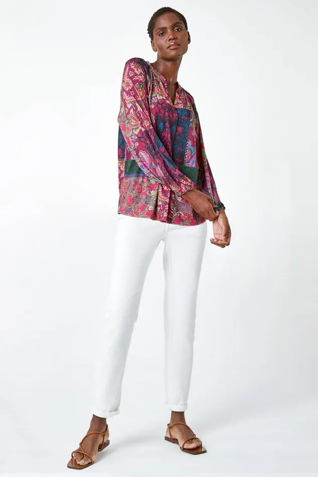 Women Red Patchwork Print VNeck Stretch Jersey Shirt Roman Tops