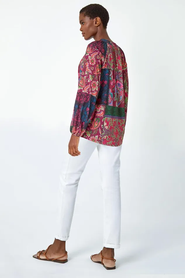 Women Red Patchwork Print VNeck Stretch Jersey Shirt Roman Tops