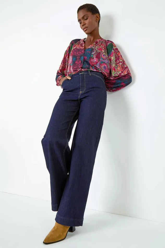 Women Red Patchwork Print VNeck Stretch Jersey Shirt Roman Tops