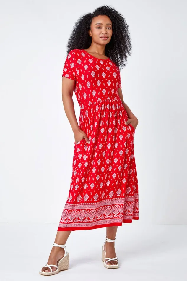 Women Red Petite Border Print Stretch Midi Dress Roman Dresses