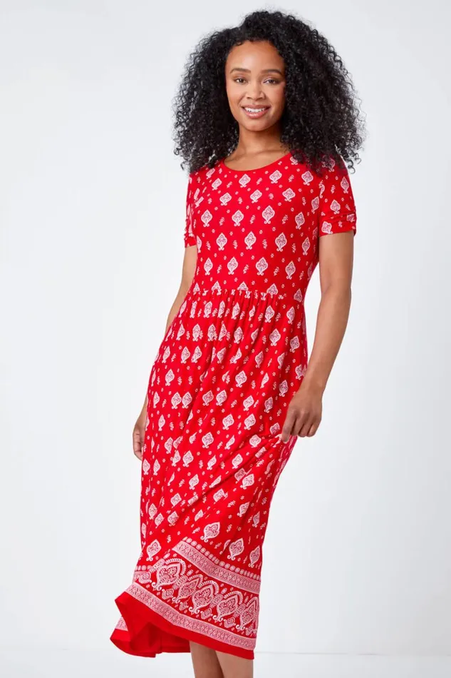 Women Red Petite Border Print Stretch Midi Dress Roman Dresses