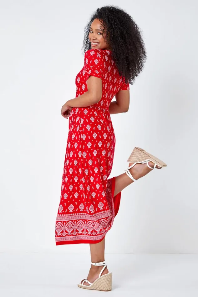 Women Red Petite Border Print Stretch Midi Dress Roman Dresses