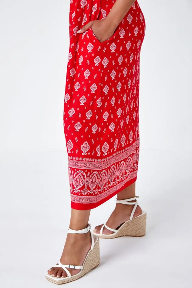 Women Red Petite Border Print Stretch Midi Dress Roman Dresses